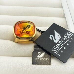 Swarovski Ring Swan Signed Sterling Silver Cocktail Orange 5 Crystal Gold Plated